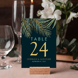 Tarjeta De Mesa Moderno Boda tropical Verde azulado de Palm Gold B