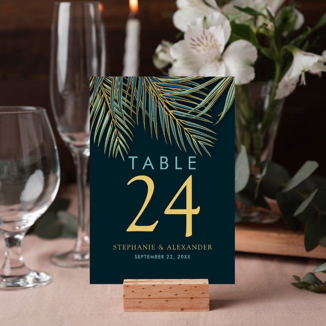Tarjeta De Mesa Moderno Boda tropical Verde azulado de Palm Gold B (Modern teal palm frond tropical table number for your reception decor features minimalistic design.)