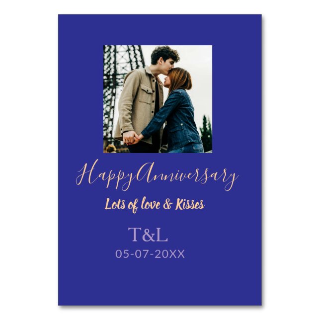 Tarjeta De Mesa moderno boho feliz aniversario agregar nombre azul (Anverso)