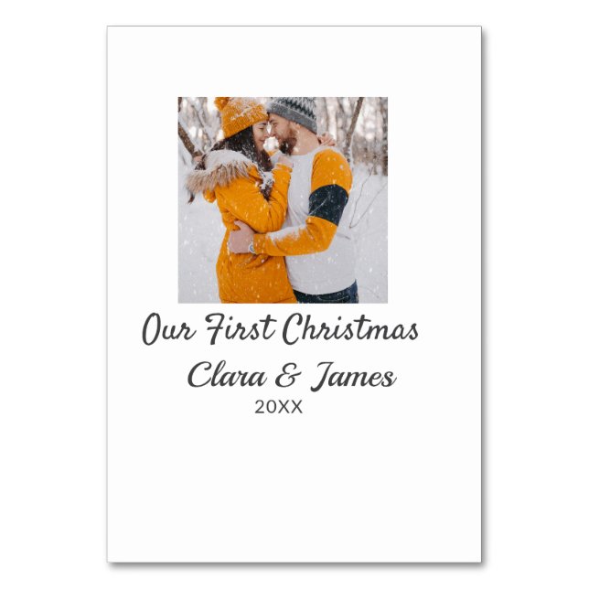Tarjeta De Mesa Moderno boho nuestra primera foto de Navidad parej (Anverso)