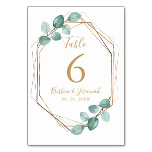 Tarjeta De Mesa Moderno Eucalyptus Watercolor Gold Script Boda