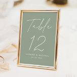 Tarjeta De Mesa Moderno guión Minimalista Sage Green Boda<br><div class="desc">Tarjetas simples y modernas con números de tabla boda con "Table" mostradas en un guión blanco escrito a mano con un fondo verde sabio (o un color de su elección). Para solicitar las tarjetas de tabla de boda verde de sabios: agregue su nombre, fecha de boda y número de tabla....</div>