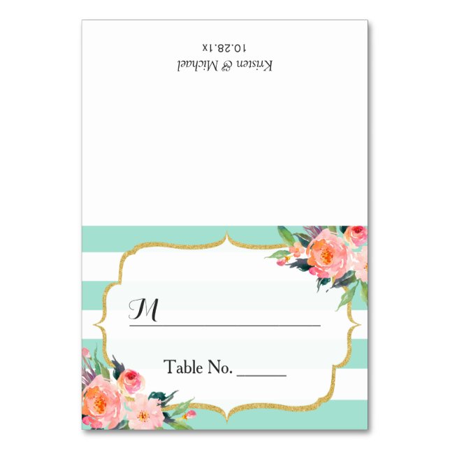 Tarjeta De Mesa Moderno Mint Green Stripes Floral Boda Place (Anverso)