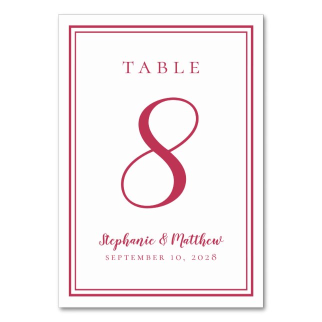 Tarjeta De Mesa Moderno Personalizado Magenta Sencillo  Boda Rojo (Anverso)