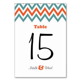 Tarjeta De Mesa Moderno Verde azulado y Naranja Chevron & Lovebird