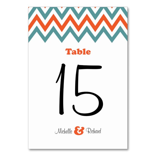 Tarjeta De Mesa Moderno Verde azulado y Naranja Chevron & Lovebird (Anverso)