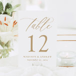 Tarjeta De Mesa Moderno y elegante Boda de caligrafía de oro<br><div class="desc">Añada un toque de lujo a la recepción de su boda con nuestras elegantes tarjetas de numero de boda, con una impresionante caligrafía dorada sobre un fondo blanco y nítido. Este diseño moderno y atemporal aporta un encanto sofisticado que complementa a los bodas de cualquier tema o temporada. Personalice cada...</div>