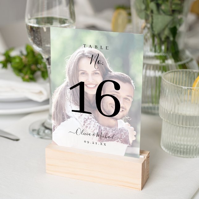 Tarjeta De Mesa Moderno y elegante boda de foto de guión (Modern simple elegant script photo wedding table number)
