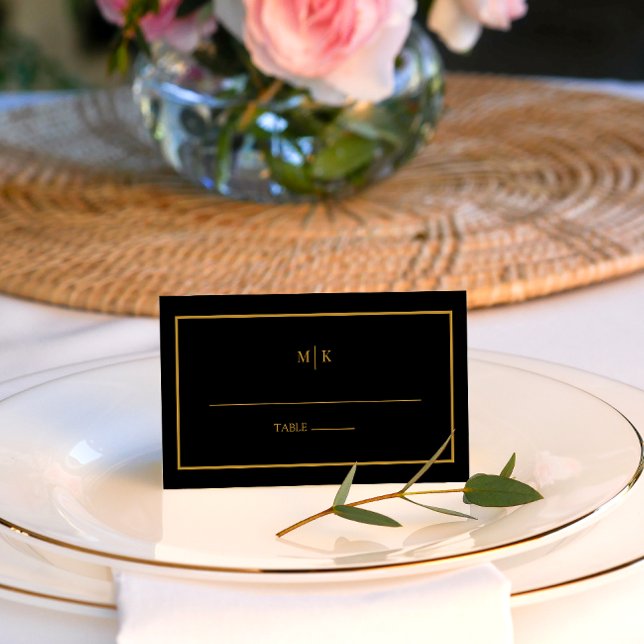 Tarjeta De Mesa Moderno y elegante | Boda negro y oro (Black and Gold monogram table place card)