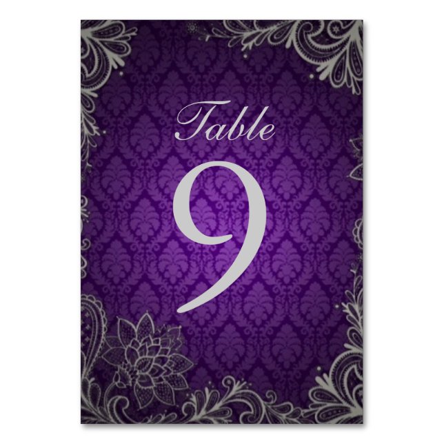 Tarjeta De Mesa moderno y elegante boda púrpura de damasco (Anverso)