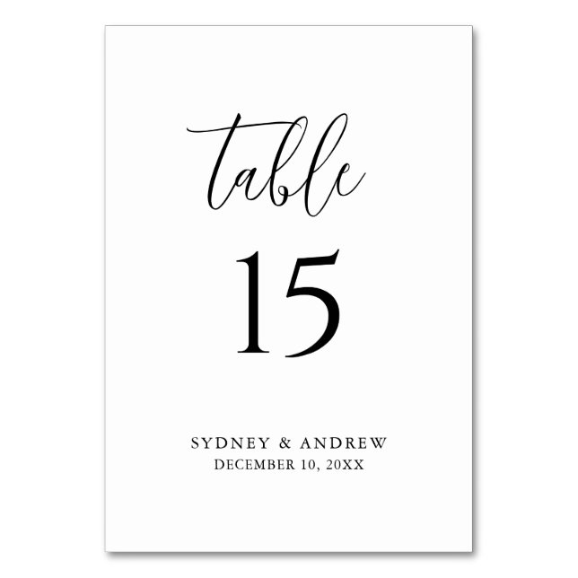Tarjeta De Mesa Moderno y elegante guión Boda blanco y negro (Anverso)