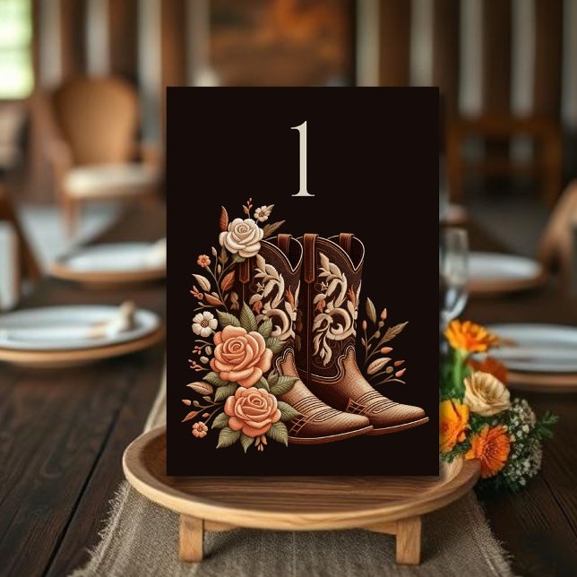 Tarjeta De Mesa Moderno y elegante País Occidental - Flores (Country Western-Flowers with Cowboy Boots-Wedding dark Table Numbers)