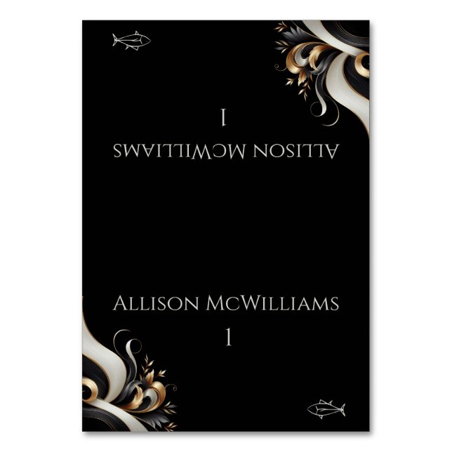 Tarjeta De Mesa Moderno y elegante pescado negro y oro (Anverso)