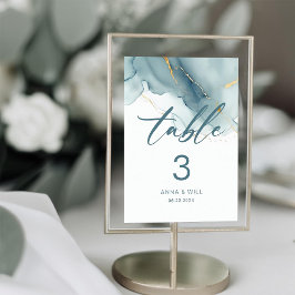 Tarjeta De Mesa Moderno y Minimalista Dusty Blue Gold Beach Weddin