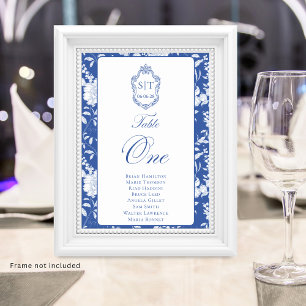 Tarjeta De Mesa Monograma Azul Floral Script Uno 8 Nombres