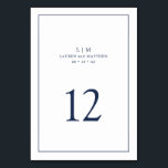 Tarjeta De Mesa Monograma Azul Marino Simple Boda Elegante<br><div class="desc">Número de Mesa de Boda Simple con un diseño moderno y elegante con su monograma de dos letras y número de mesa rodeado de un borde delgado. Todos los elementos de diseño son azul marino sobre un fondo blanco y pueden ser cambiados a cualquier color que desee en la herramienta...</div>