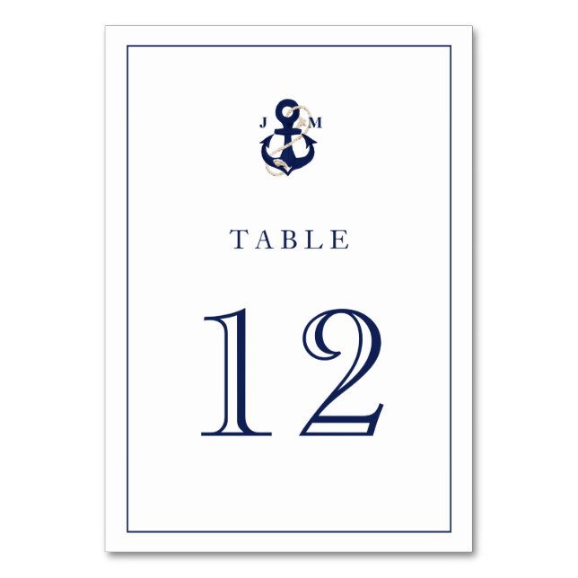 Tarjeta De Mesa Monograma de Boda de la Marina del Ancla de Agua N (Anverso)