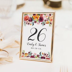 Tarjeta De Mesa Monograma de boda floral otoñal Borgoña rústico