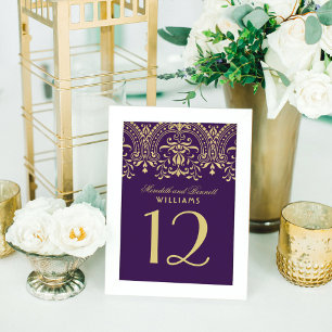 Tarjeta De Mesa Monograma de boda vintage glamour dorado y púrpura