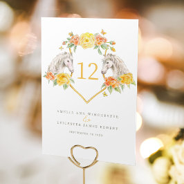 Tarjeta De Mesa Monograma de caballos grises y rosas amarillas