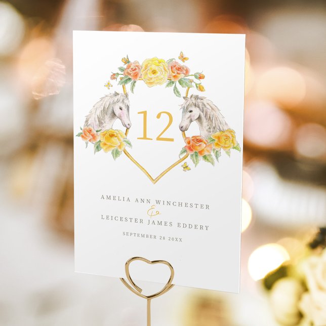 Tarjeta De Mesa Monograma de caballos grises y rosas amarillas (Subido por el creador)