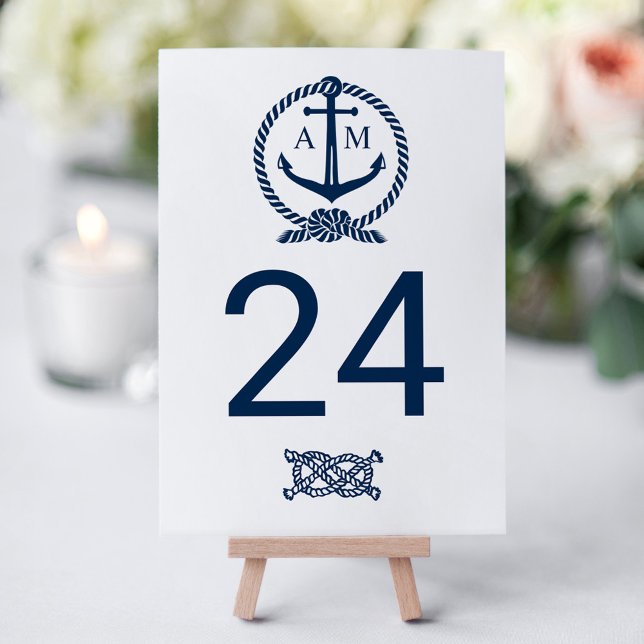 Tarjeta De Mesa Monograma del Boda azul de la Marina Náutica (Subido por el creador)