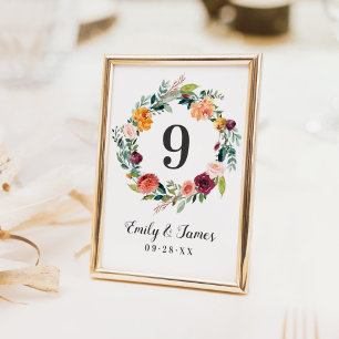 Tarjeta De Mesa Monograma del Boda de flor de otoño rústico