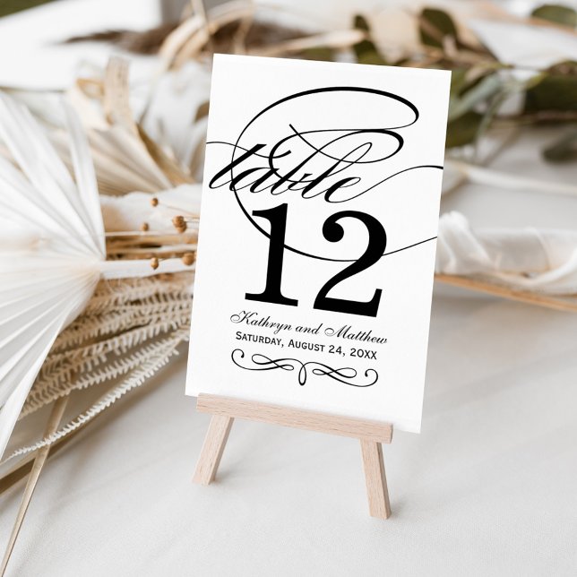 Tarjeta De Mesa Monograma elegante Boda de caligrafía blanca negra (Subido por el creador)
