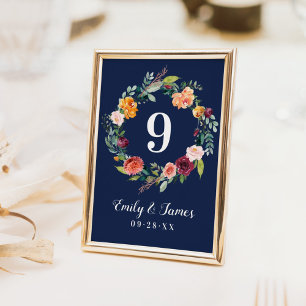 Tarjeta De Mesa Monograma Floral de Boda Otoñal Burgundy Rústico M