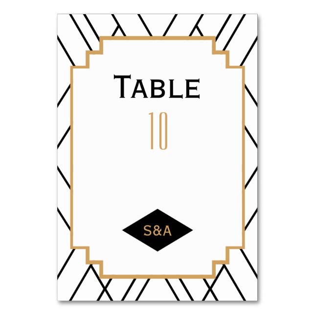 Tarjeta De Mesa Monograma Negro, Oro, Boda Art Decó Blanco (Anverso)