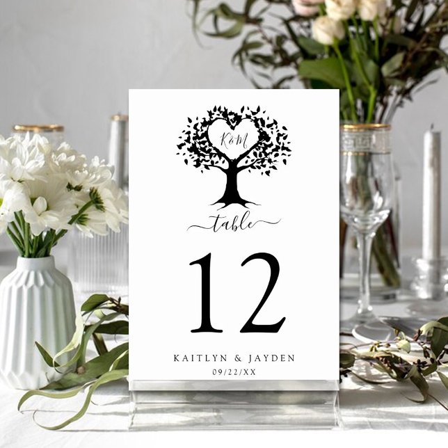 Tarjeta De Mesa Monograma simple negro y blanco Boda de árbol del  (Subido por el creador)