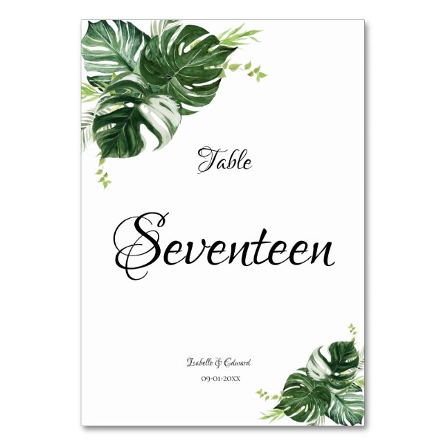 Tarjeta De Mesa Monstera verde tropical deja Boda (Anverso)