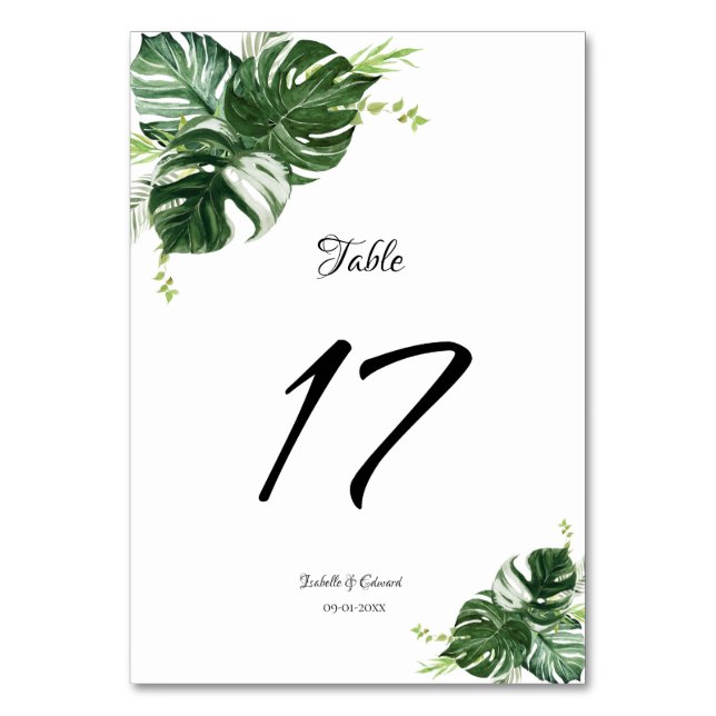 Tarjeta De Mesa Monstera verde tropical deja Boda (Anverso)