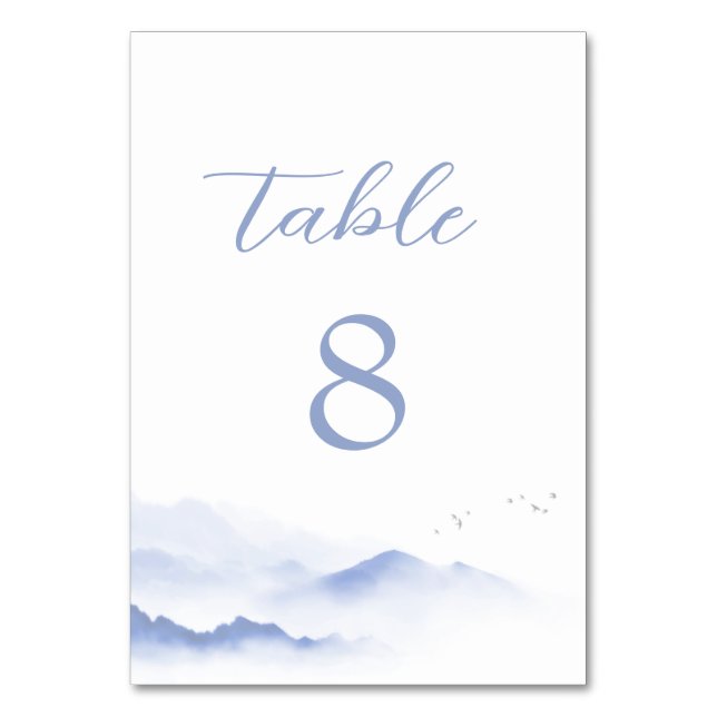 Tarjeta De Mesa Montañas azules y pájaros número de tabla boda (Anverso)