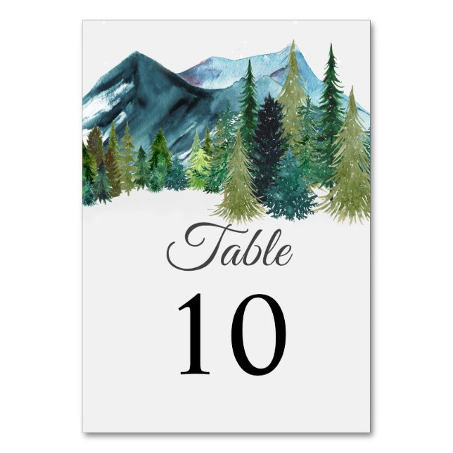 Tarjeta De Mesa Montañas de acuarela rústica Boda de Invierno de P (Anverso)