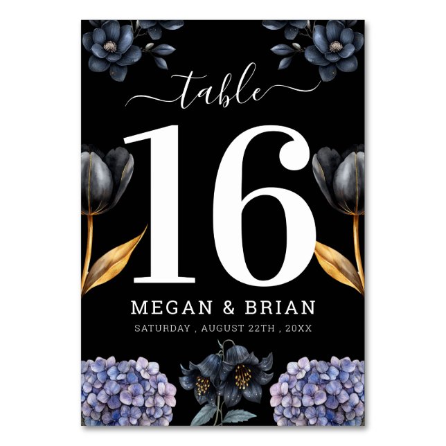 Tarjeta De Mesa Moody Black Floral Classic Script Floral Wedding (Anverso)