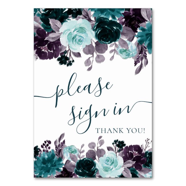 Tarjeta De Mesa Moody Boho | Floral Verde azulada y púrpura Por fa (Anverso)