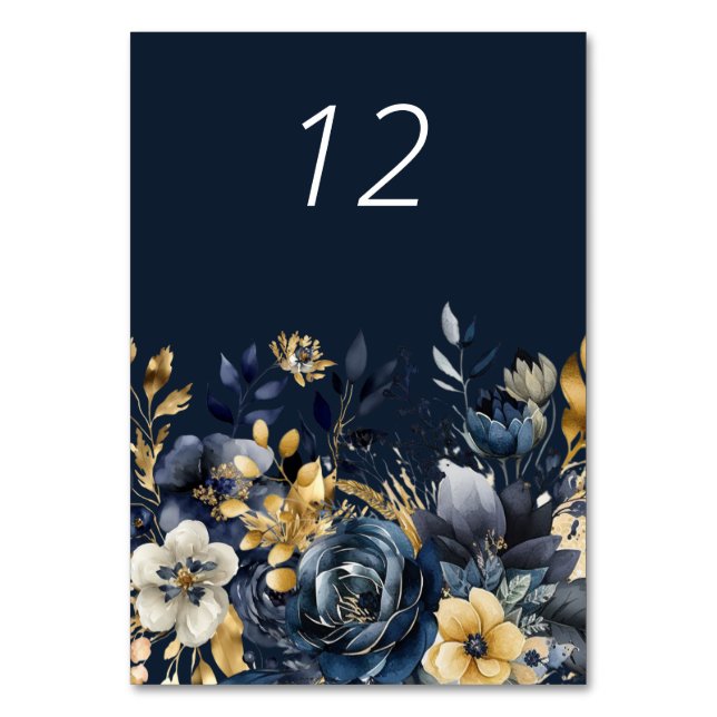 Tarjeta de mesa Moody Floral Blue Gold Boda (Anverso)