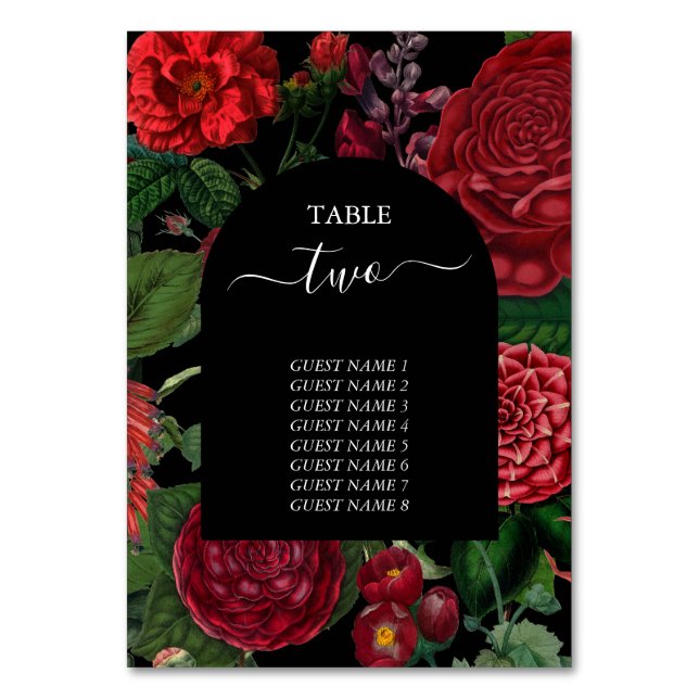 Tarjeta De Mesa Moody Florals Black Arch Burgundy Boda rojo (Anverso)