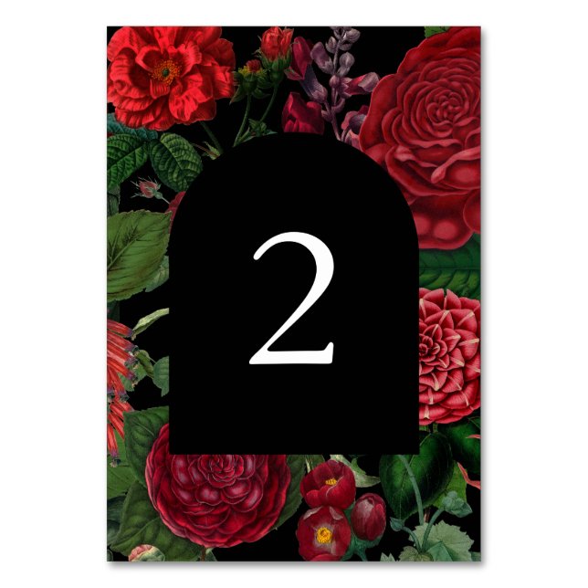 Tarjeta De Mesa Moody Florals Black Arch Burgundy Boda rojo (Anverso)