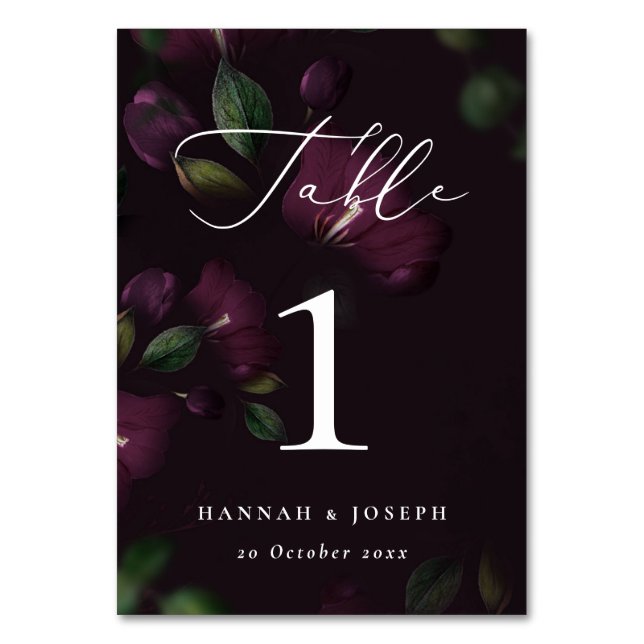 Tarjeta De Mesa Moody Purple Bloom Boda de caligrafía gótica (Reverso)