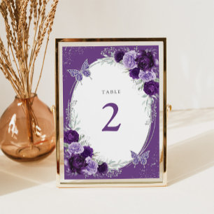 Tarjeta De Mesa Moody Purple Silver Quinceanera Floral Cumpleaños
