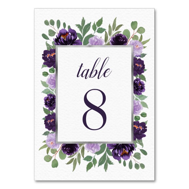 Tarjeta De Mesa Morada Plata Floral acuarela Eucalyptus Boda (Anverso)