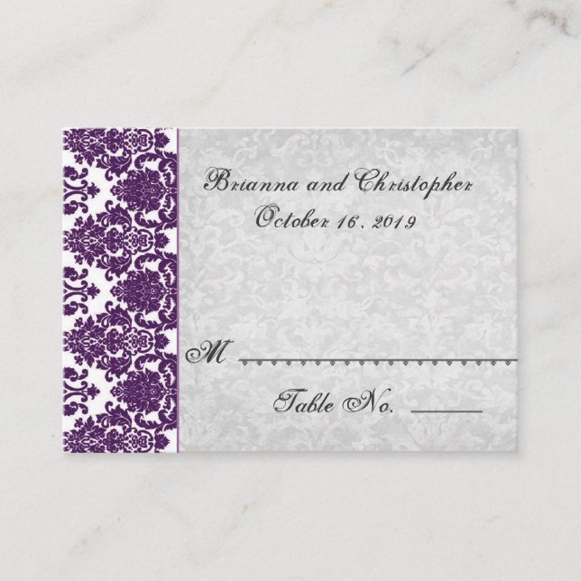 Tarjeta de mesa morada y plateada - Fiesta de boda (Anverso)