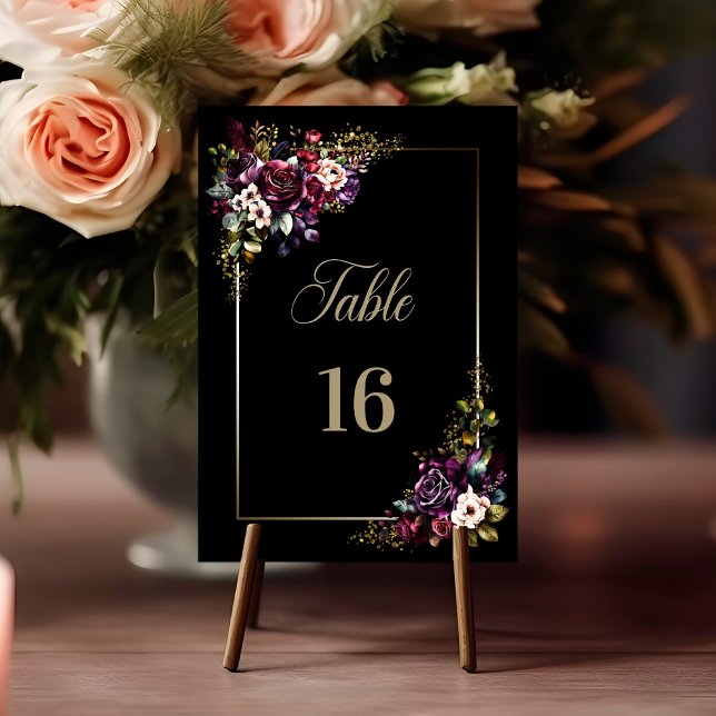 Tarjeta De Mesa Morado Burgundy Boda floral negro (Subido por el creador)