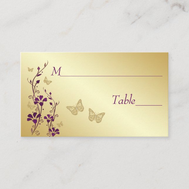 Tarjeta De Mesa Morado, floral de oro con mariposas colocando tarj (Anverso)