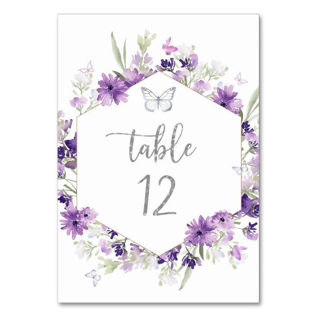 Tarjeta De Mesa Morado floral de plata mariposa doce número de tab (Anverso)