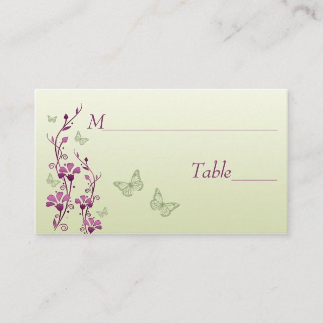 Tarjeta De Mesa Morado, floral verde con mariposas colocando tarje (Anverso)