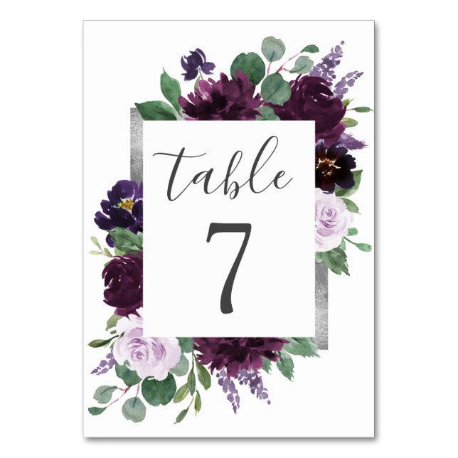 Tarjeta De Mesa Morado Gris Plata Agua Peony Fall Wedding (Anverso)