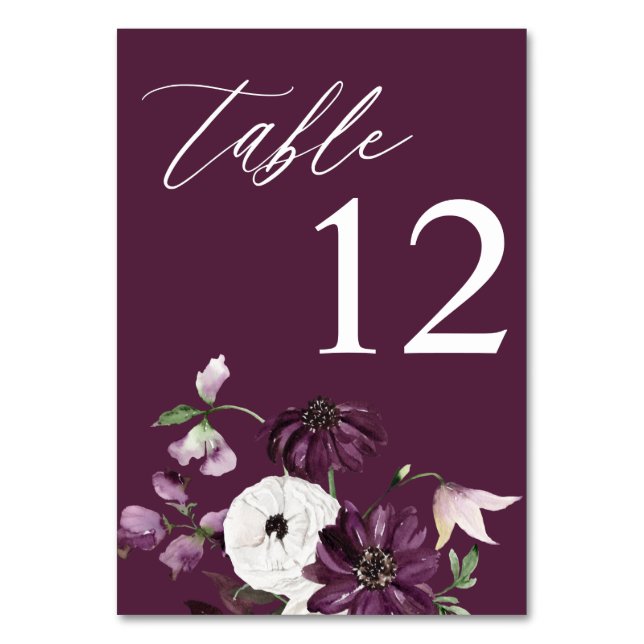 Tarjeta De Mesa Morado y blanco número de tabla floral - Púrpura (Anverso)